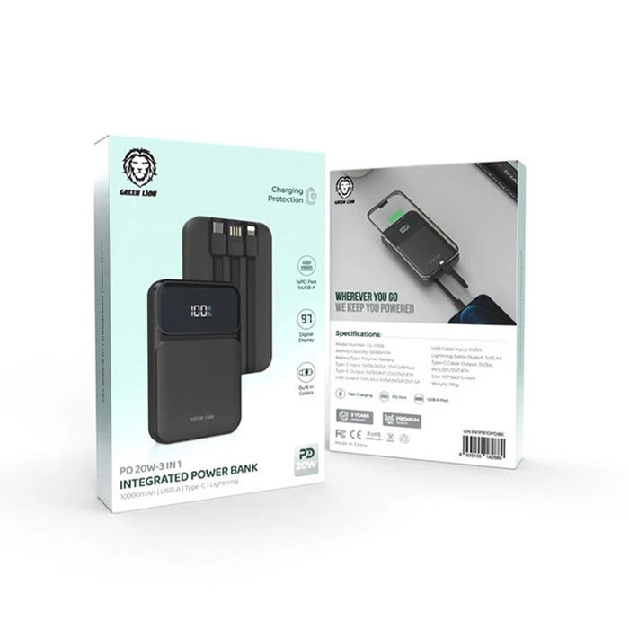 پاوربانک قابل حمل گرین لاین مدل INTEGRATED GL-PB36 ظرفیت 10000 میلی آمپر ساعت